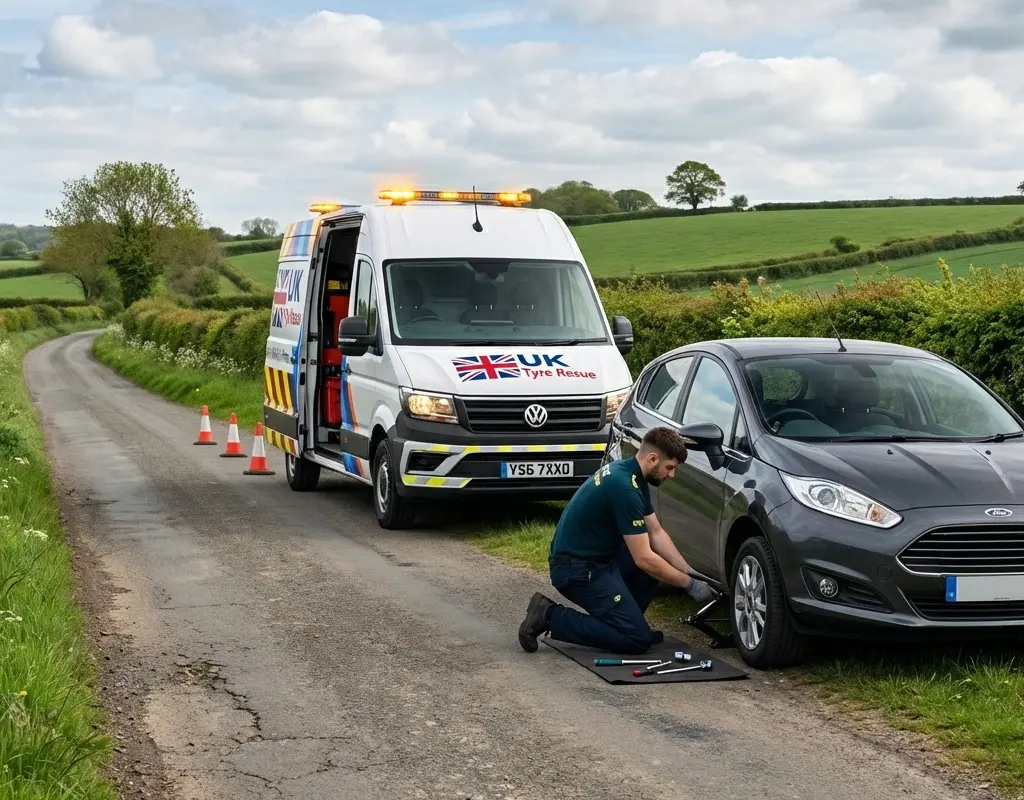 A professional mobile tyre technician kneeling to change a flat tyre on a grey car along a narrow British countryside road, with a branded service van and safety cones providing a secure work zone.